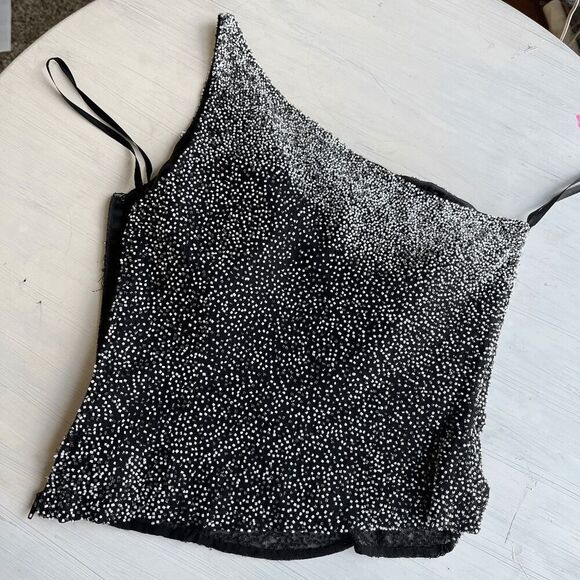 VTG Scala Beaded Silk One Shoulder Asymmetrical Top Black Silver M - Picture 10 of 16